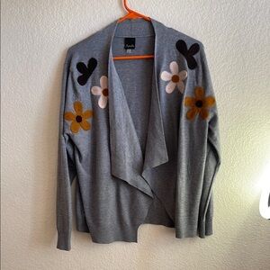 AEDA Gray and Black Cardigan Sweater with Nature-Inspired Embellishments
